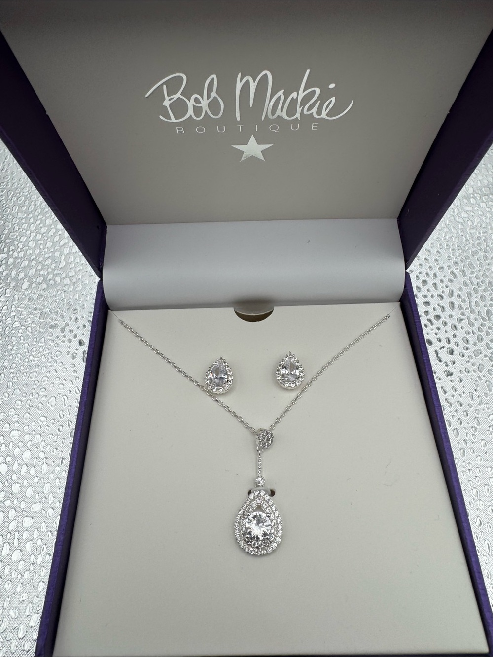 Bob Mackie Silver Teardrop Crystal Necklace and Stud Earrings Set